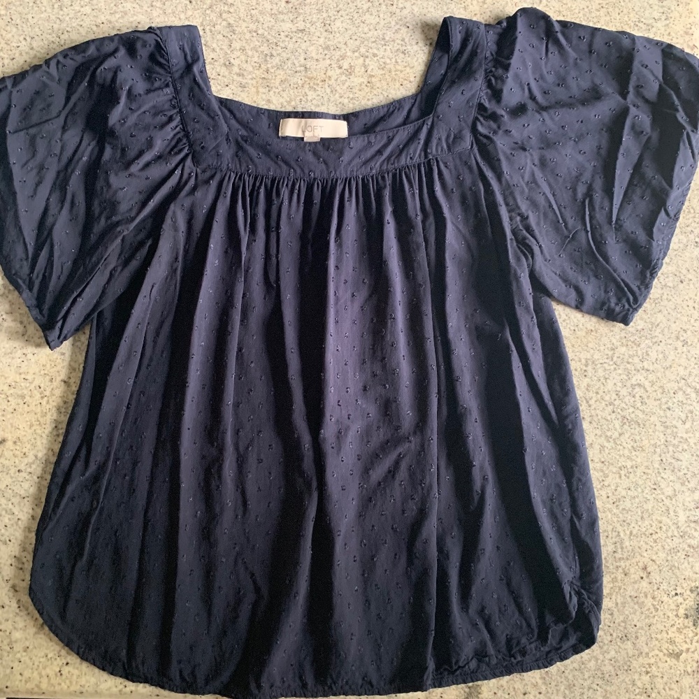 Loft Top Navy Blue Flutter short-sleeve square neck pullover blouse Size M